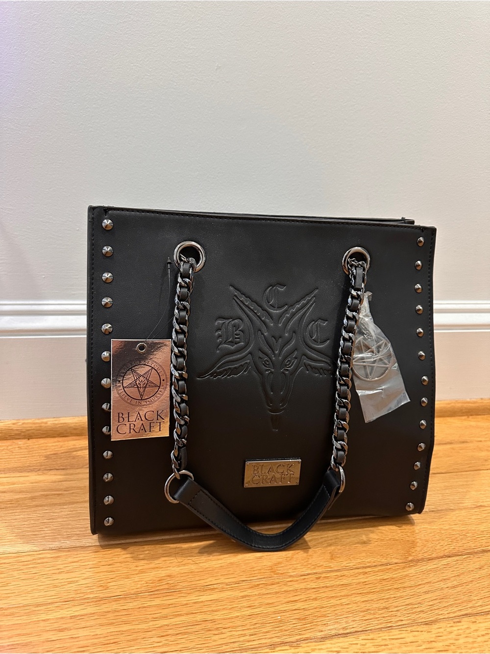 NWT Blackcraft Black Studded Shoulder Bag with Chain Handles - Picture 12 of 12